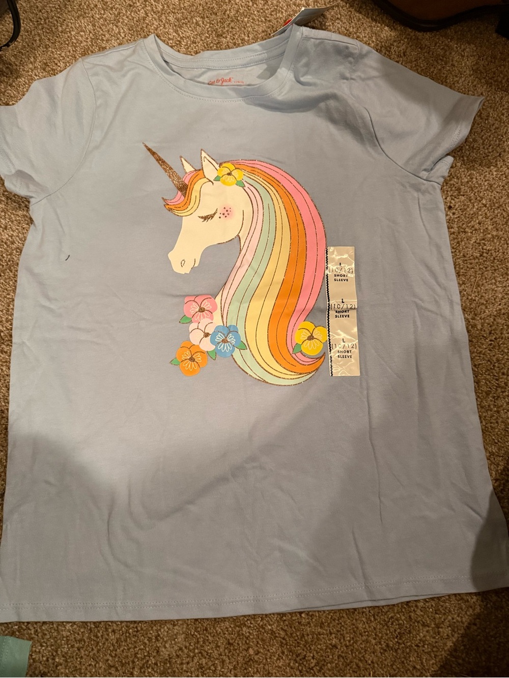 Girls' Light Blue Unicorn Graphic Tee - Rainbow Mane L (10/12)